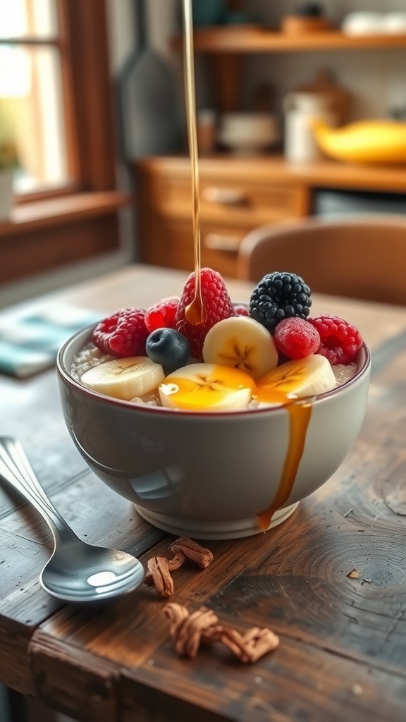 A bowl of oatmeal topped with berries and banana on a wooden table.